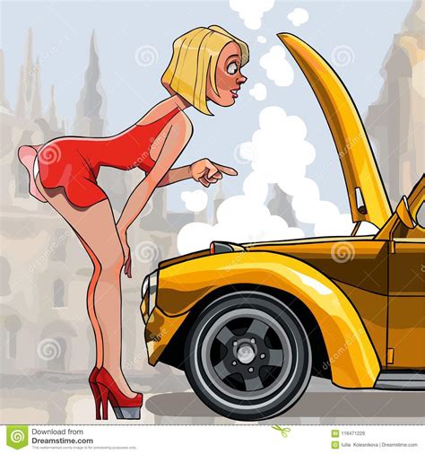Cartoon Woman Looking Under The Hood Of A Car Stock Vector