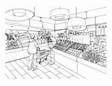 Store Supermarket Supermarkt Getrokken Kruidenierswinkelopslag Binnenlandse Plantaardige Stijl Afdeling Witte Zwart Drawn Vissen Kleurrijke Geplaatste Brood Illustraties Zapisano sketch template