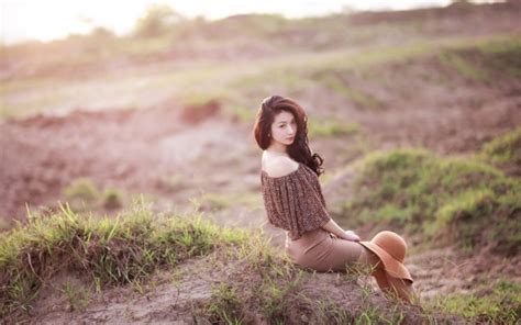 women model brunette long hair women outdoors asian skirt nature grass blouses sitting
