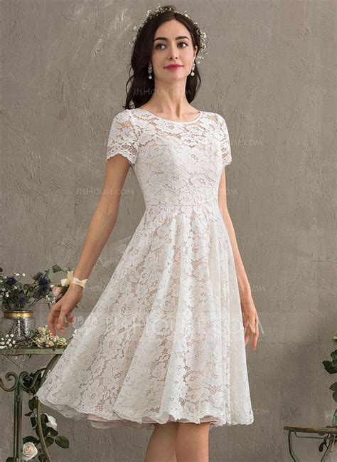 [£ 178 00] A Line Scoop Neck Knee Length Lace Wedding Dress Jjs