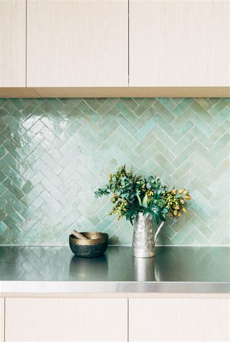 handmade moroccan zellige aqua green tiles laid herringbone   kitchen splashback tiles