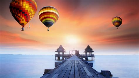wooden pier wallpaper 4k hot air balloons sunrise