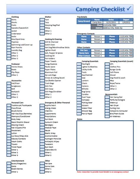 excel camping checklist template