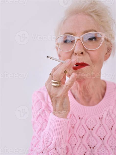 Senior Stylish Woman Smoking Cigarette Bad Habit Addiction Concept