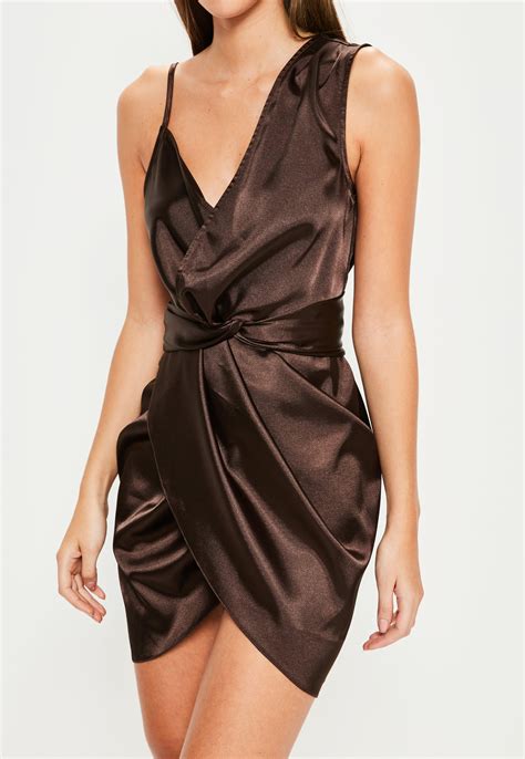 lyst missguided brown satin knot front asymmetric dress  brown