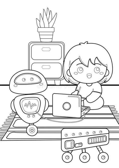 robot theme coloring pages  kids  adult stock illustration