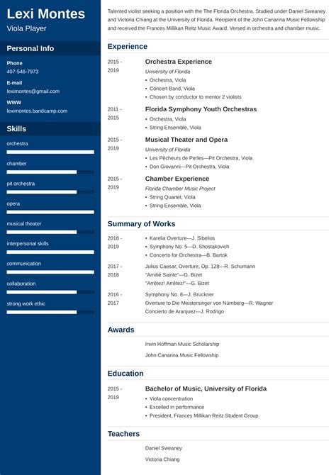 resume examples musicians college application