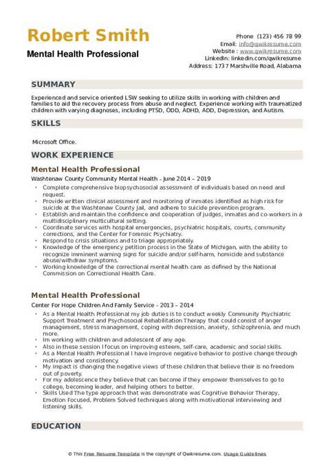 mental health professional resume samples qwikresume