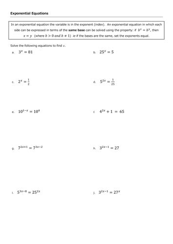 indices exponential equations teaching resources