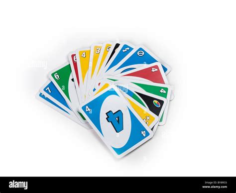 uno playing cards spread   white background stock photo alamy