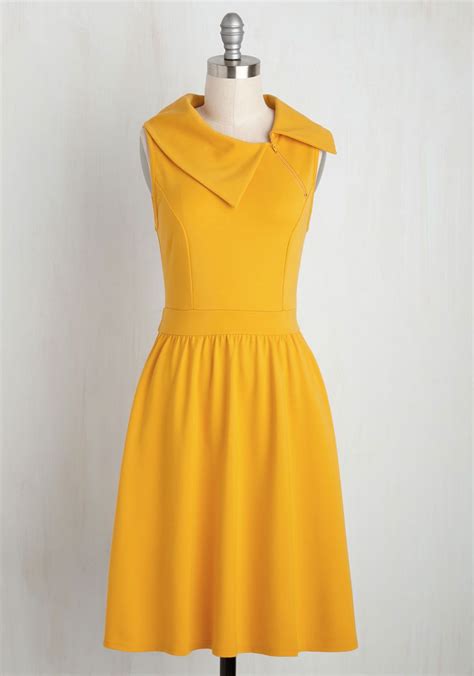 Trolley Tour Dress In Marigold By Modcloth Yellow Solid Casual A