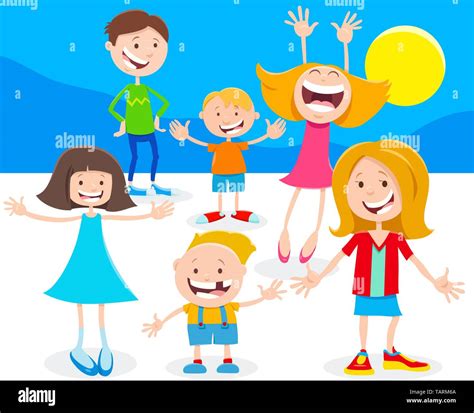 cartoon illustration  happy elementary age kids  teenager