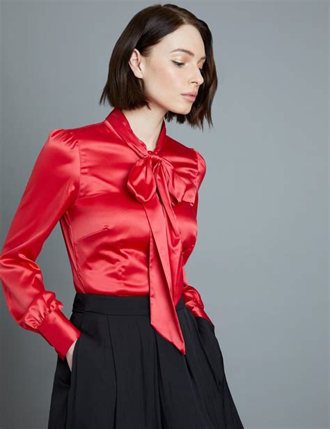 women s red fitted luxury satin blouse pussy bow hawes