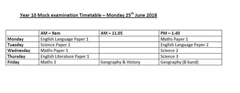 mock examination timetable  monday  june  parkwood