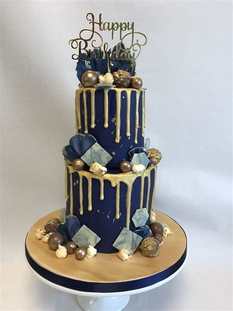 Tall 2 Tier Navy And Gold Theme Birthday Cake For A Man In 2021 Tiered
