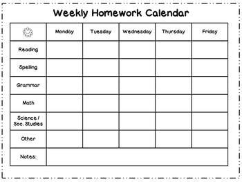 weekly homework calendartracker   johnstons class tpt