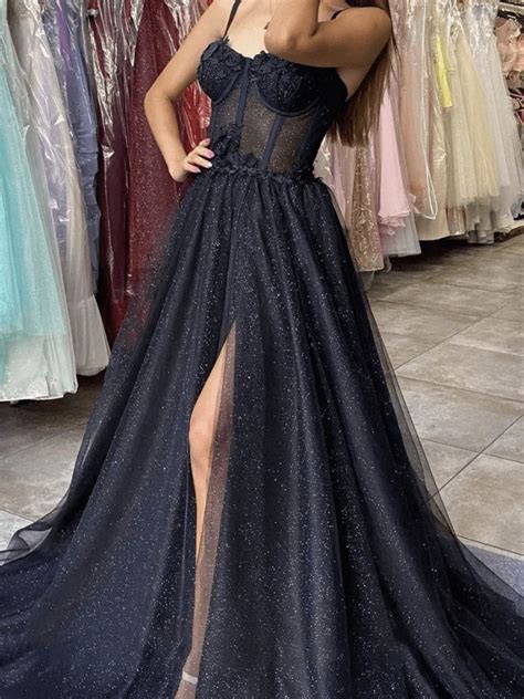 shiny black lace prom dresses  tulle long formal dress spaghetti