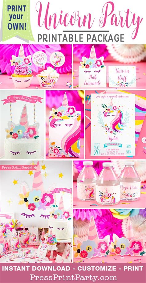 unicorn birthday party printable set press print party unicorn
