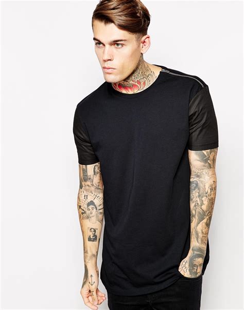 asos  shirt  shoulder zip detail  woven sleeve skater fit  black  men lyst