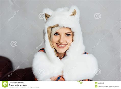 beautiful girl wearing white fur hat stock image image of background