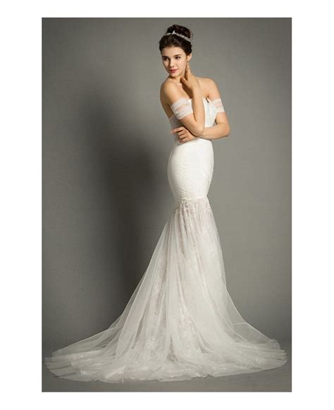 sexy mermaid off the shoulder sweep train tulle wedding
