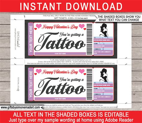 tattoo ticket gift certificate voucher card template happy etsy