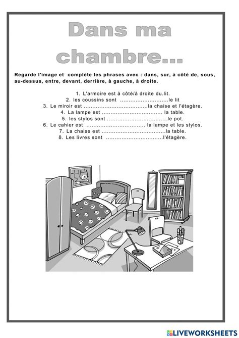 french preposition ma chambre worksheet