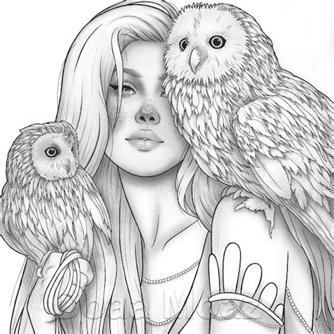 adult coloring page fantasy girl owls portrait etsy
