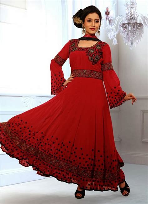 Astonishing Red Embroidered Flared Salwar Kameez Image 1827465 By