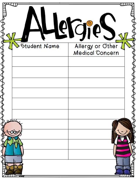 food allergy list template  daycare google search teaching