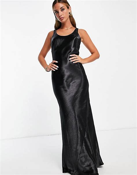 asos design lange satijnen jurk met lage achterkant  zwart asos