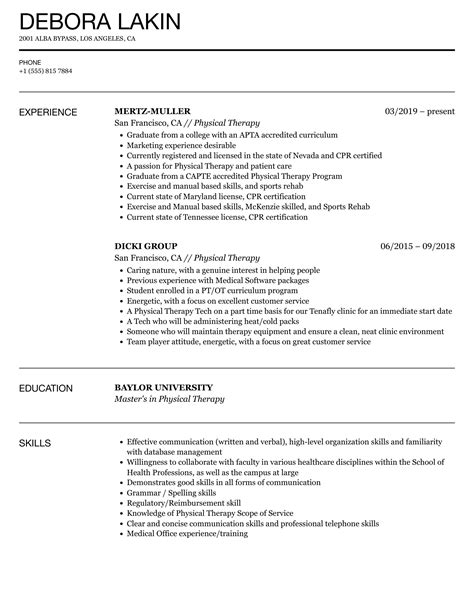sample physical therapy resume