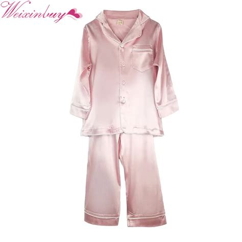 high quality unisex elegant full sleeve soft silk pajamas  kids children tops pants autumn