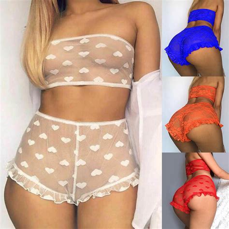 2ps Set Women Sexy Lace Nightwear Lingerie Tube Tops Sheer Lace Floral