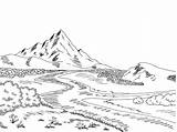 Mountain River Sketch Vector Landscape Illustration Graphic Outline Stock sketch template