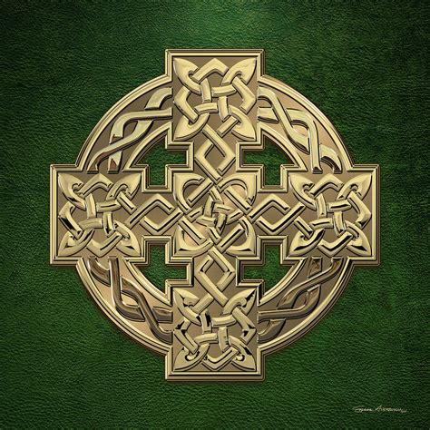 gold celtic knot cross  green leather digital art  serge averbukh