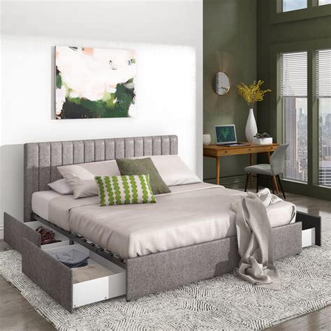 weston home gaylen grey linen upholstered storage platform king bed  channel headboard