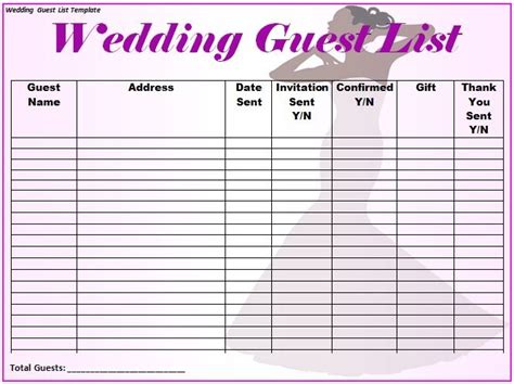 printable wedding guest list templates wedding guest list template