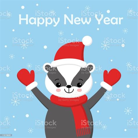 vetores de cartão com texugo neve e texto do ano novo feliz ilustração