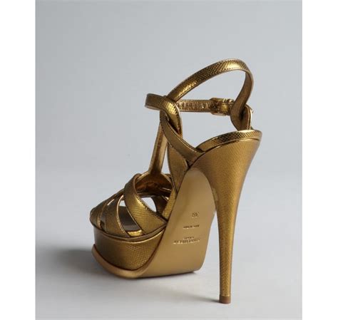 lyst saint laurent gold embossed leather tribute platform sandals in