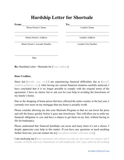 hardship letter  shortsale template  printable