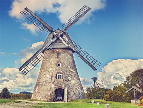 medieval windmill stock photo image  lanscape blue