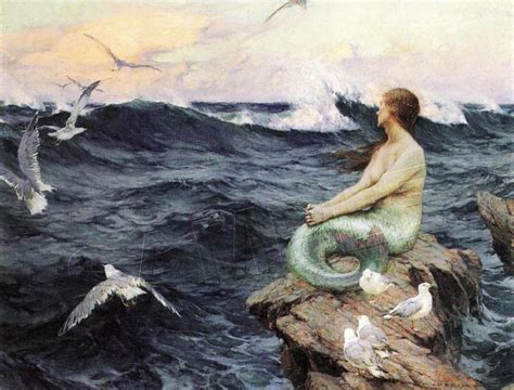 vintage victorian mermaid sea nymph ocean seagull canvas art print