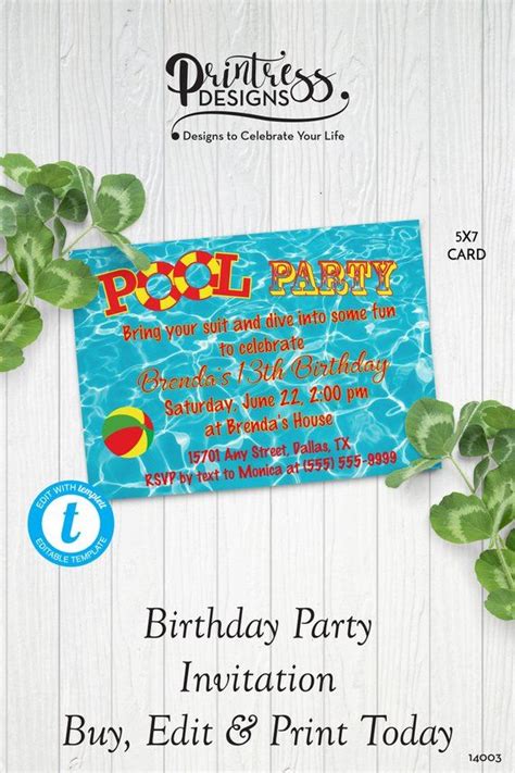 pool party birthday invitation pool party invitation printable pool