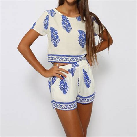 women o neck boho leaf printed crop top t shirt shorts two piece outfit set ebay