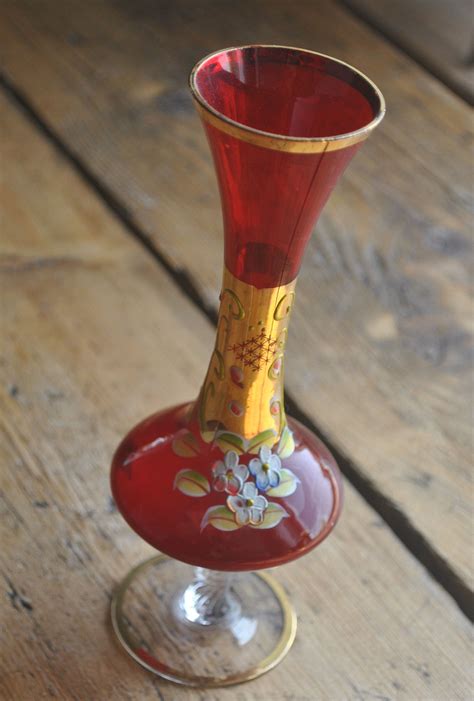 Vintage Ruby Red And Gold Czech Bohemian Glass Bud Vase Hand Painted