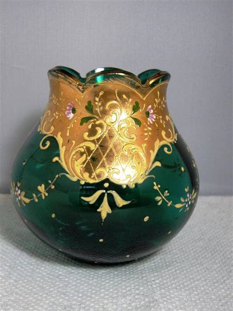 Antique Bohemian Czech Moser Glass Gilded Gold Green Floral Ornate Vase
