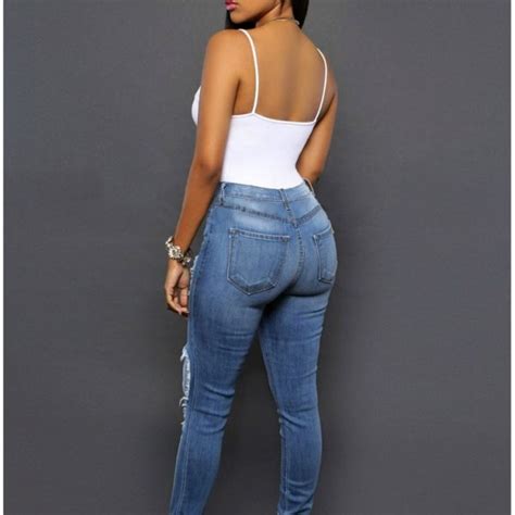 High Quality Light Blue Skinny Ripped Jeans For Women