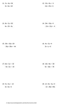 algebra  worksheet solving systems  linear equations  elimination