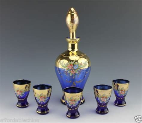 antique bohemian moser style glass 8 pc cordial set blue